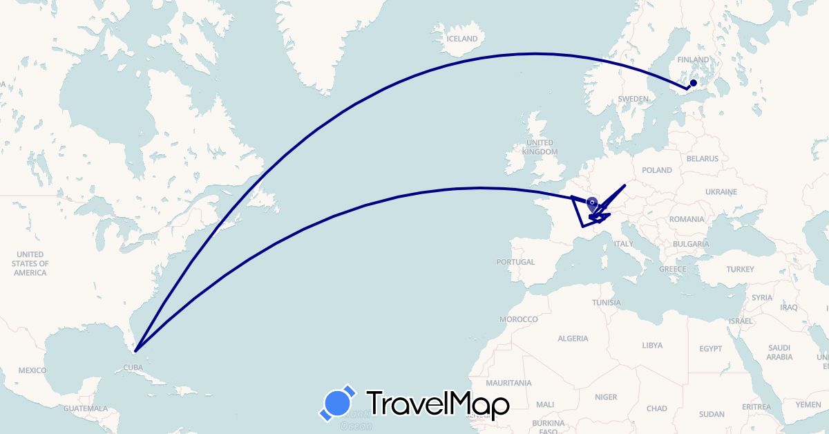 TravelMap itinerary: driving in Switzerland, Czech Republic, Finland, France, Italy, United States (Europe, North America)